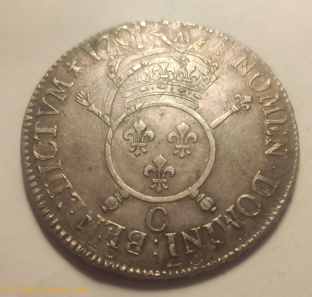 Ecu aux Insignes 1701 Caen TTB+ monnaies europe medievale france royales ecu aux insignes 1701 caen ttb