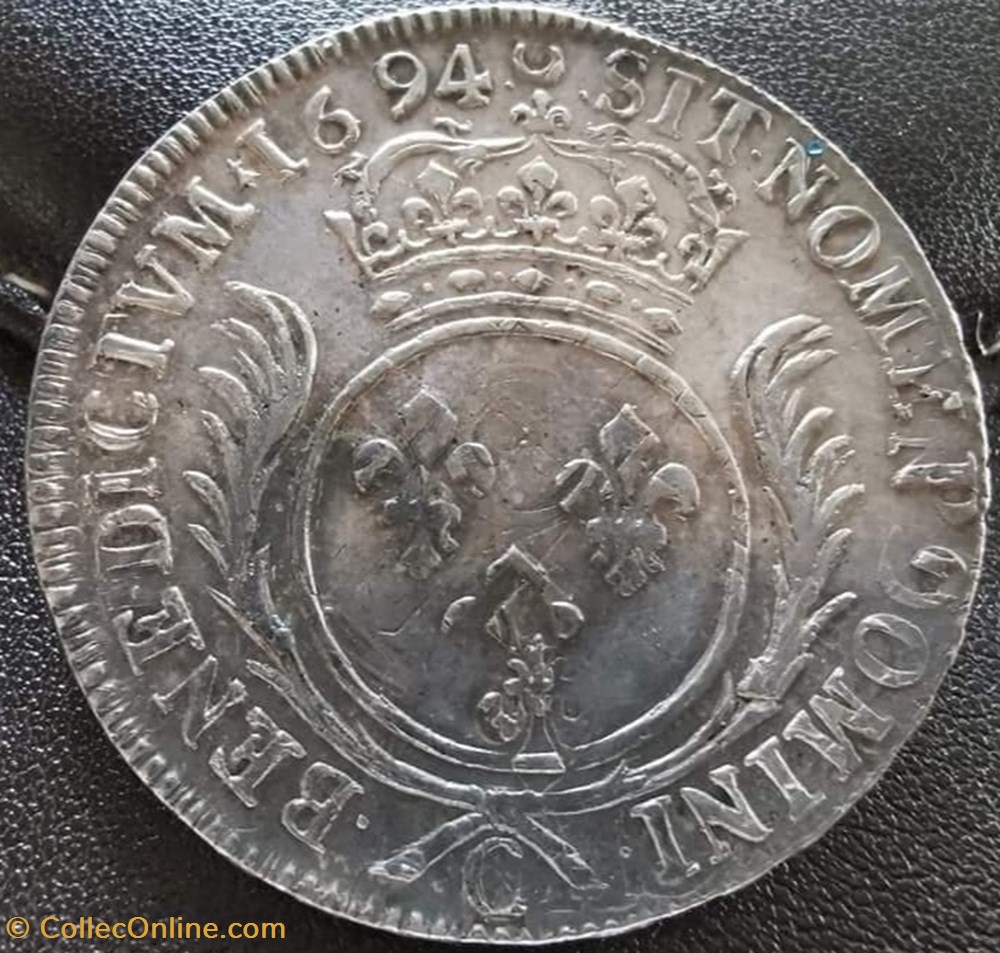 Ecu aux Palmes 1694 Caen Louis XIV monnaies france royales ecu aux palmes 1694 caen louis xiv