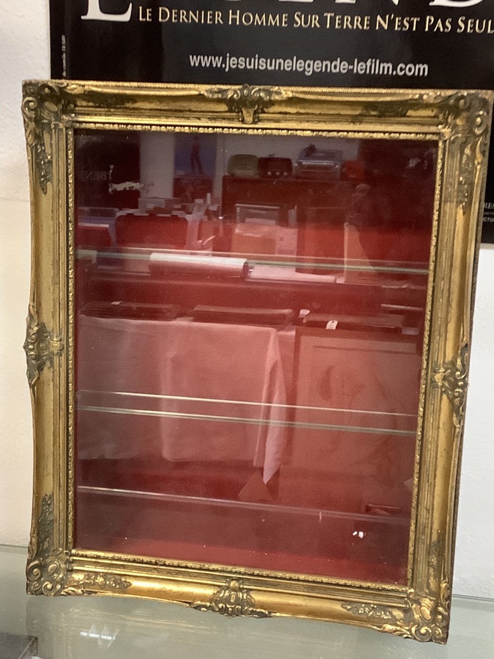 Vitrine pour miniatures dans un cadre doré avec 2 étagères en verre monnaies vitrine pour miniatures dans un cadre dore avec 2 etageres en verre