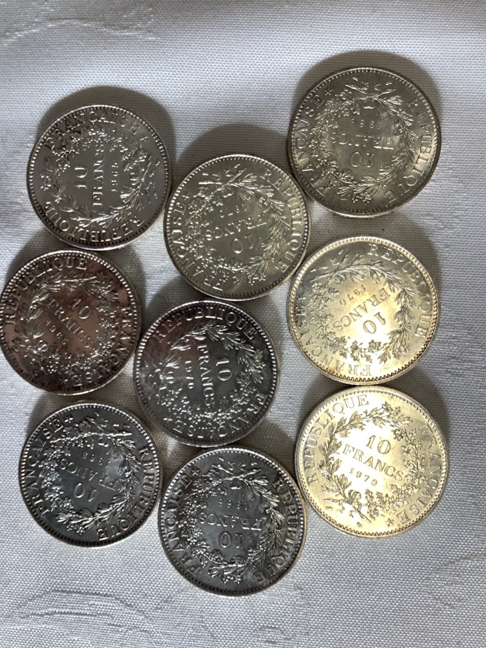 9 pièces 10 frs argent Hercule, 1965 à 70 monnaies 9 pieces 10 frs argent hercule 1965 a 70