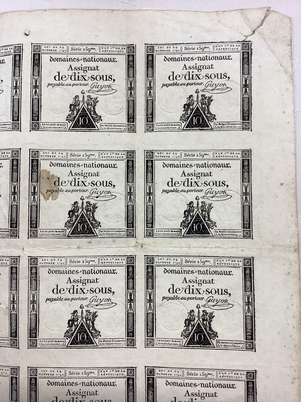 Planche d’assignats de dix sous, série 159me, l’an 1re de la République, en l’état 2 monnaies planche d assignats de dix sous serie 159me l an 1re de la republique en l etat