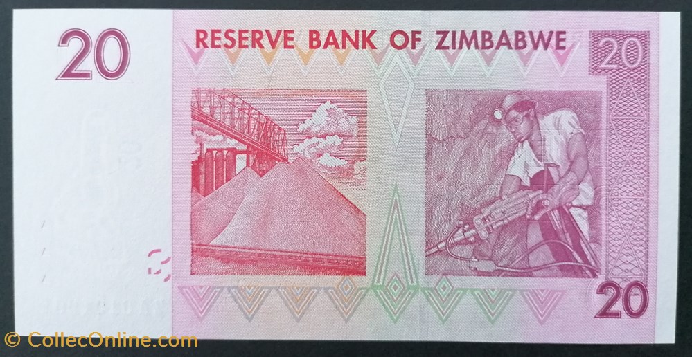billet afrique zimbabwe p 068r 20 dollars 2007