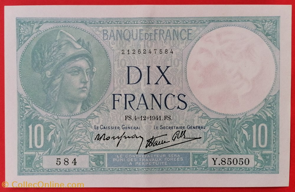 France P-084a.30 10 francs minerve modifié 1941 billet europe france p 084a 30 10 francs minerve modifie 1941