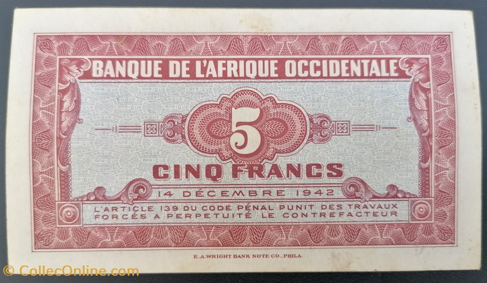 Afrique occidentale française P-028a.1 5 franc ND1942 billets ouest afrique occidentale francaise p 028a 1 5 franc nd1942