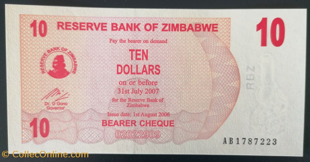 billet afrique zimbabwe p 039 10 dollars 2007