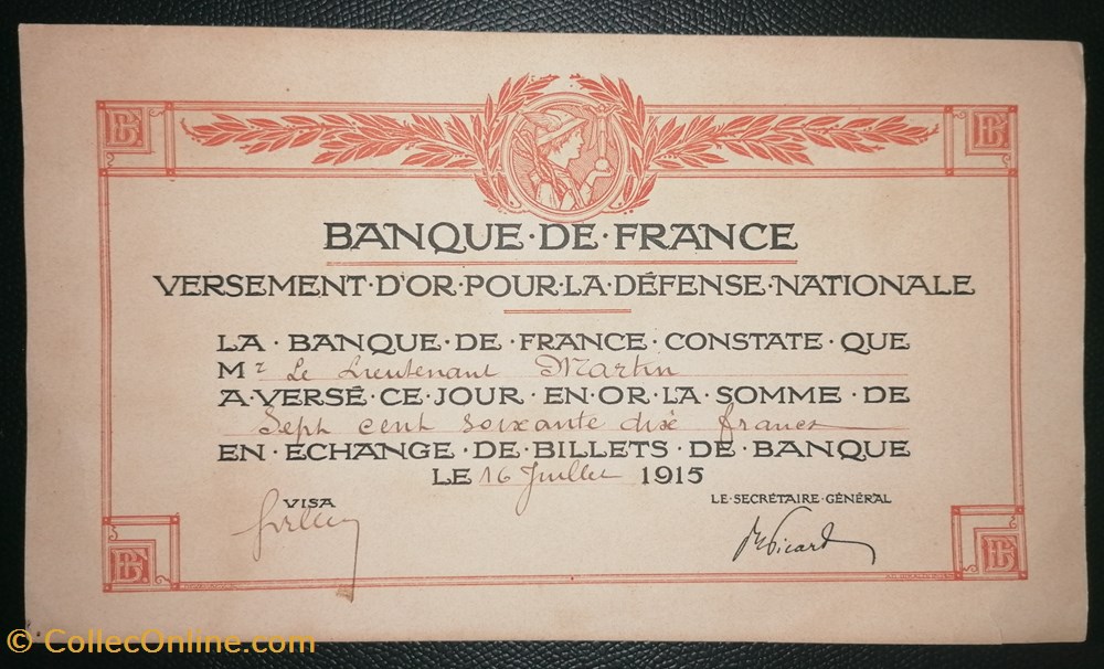 France - versement d'or - 770 francs 1915 billet europe france versement or 770 francs 1915