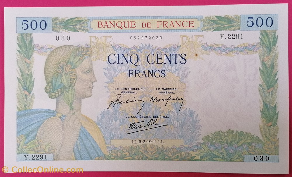 France P-095b.1 500 francs La Paix 1941 billets europe france p 095b 1 500 francs la paix 1941