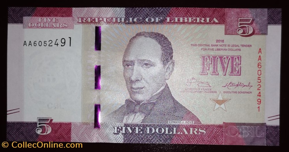 Liberia P-031a 5 Dollars 2016 billets afrique liberia p 031a 5 dollars 2016