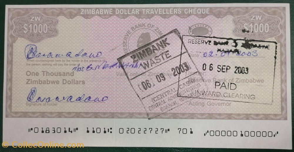 billet afrique zimbabwe p 015a 2 1000 dollars travellers cheque 2003