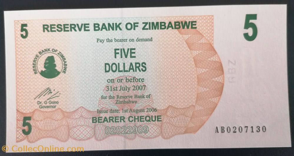 billet afrique zimbabwe p 038 5 dollars 2007