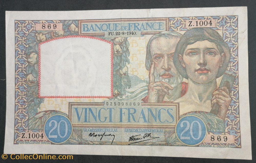 billets europe france p 092a 20 francs type 1940 science et travail