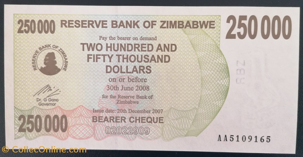 billet afrique zimbabwe p 050 250 000 dollars 2008