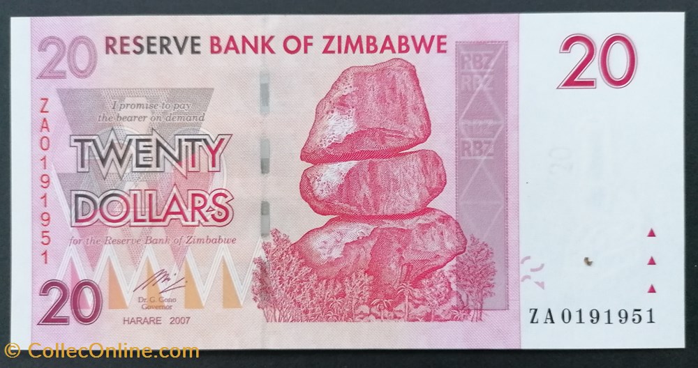 billet afrique zimbabwe p 068r 20 dollars 2007