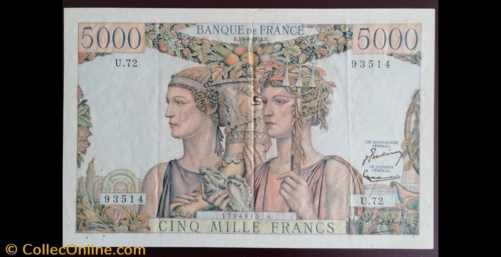 France P-131c.1 5000 francs terre et mer 1951 billet europe france p 131c 1 5000 francs terre et mer 1951