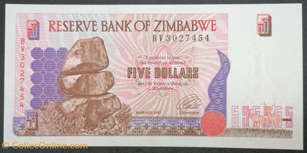 Zimbabwe P-005b 5 dollars 1997 billets afrique zimbabwe p 005b 5 dollars 1997