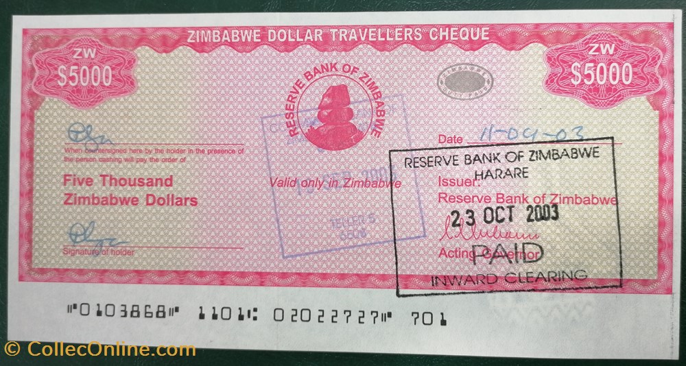 billet afrique zimbabwe p 012a 5000 dollars travellers cheque