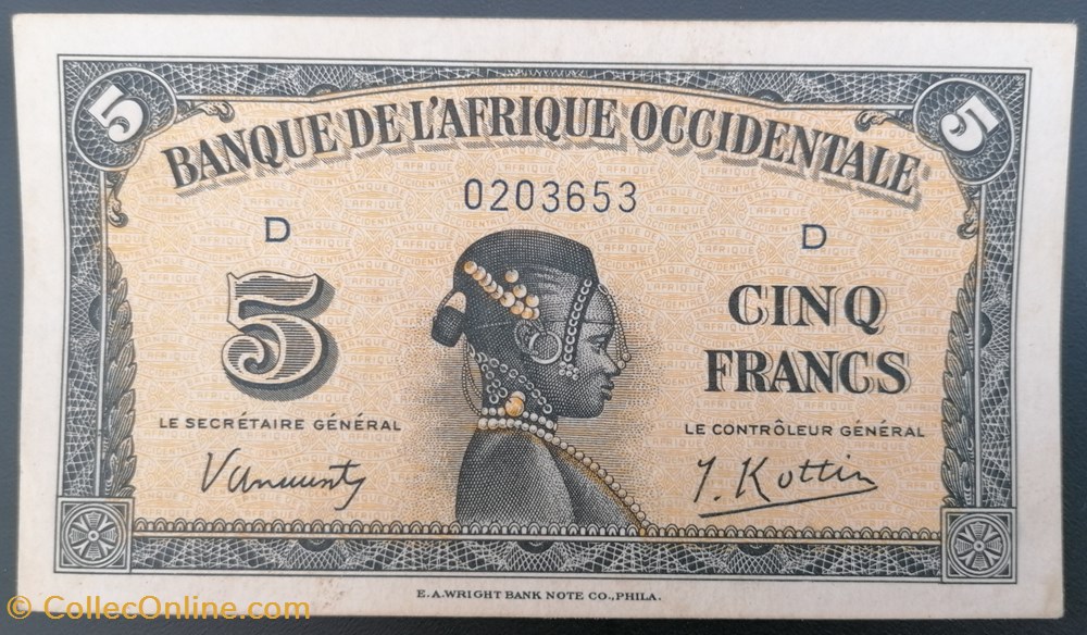 Afrique occidentale française P-028a.1 5 franc ND1942 billets ouest afrique occidentale francaise p 028a 1 5 franc nd1942