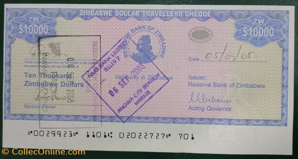 billet afrique zimbabwe p 017a 2 10 000 dollars travellers cheque 2003