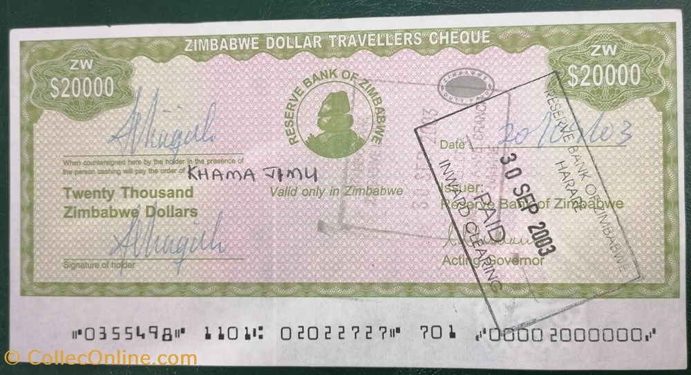 billet afrique zimbabwe p 018a 2 20 000 dollars travellers cheque 2003