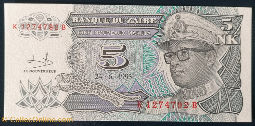 Zaïre P-048 5 nouveaux makuta 1993 billet afrique zaire p 048 5 nouveaux makuta 1993