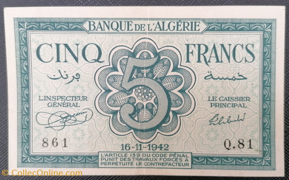 Algérie P-091 5 francs 1942 billets afrique algerie p 091 5 francs 1942