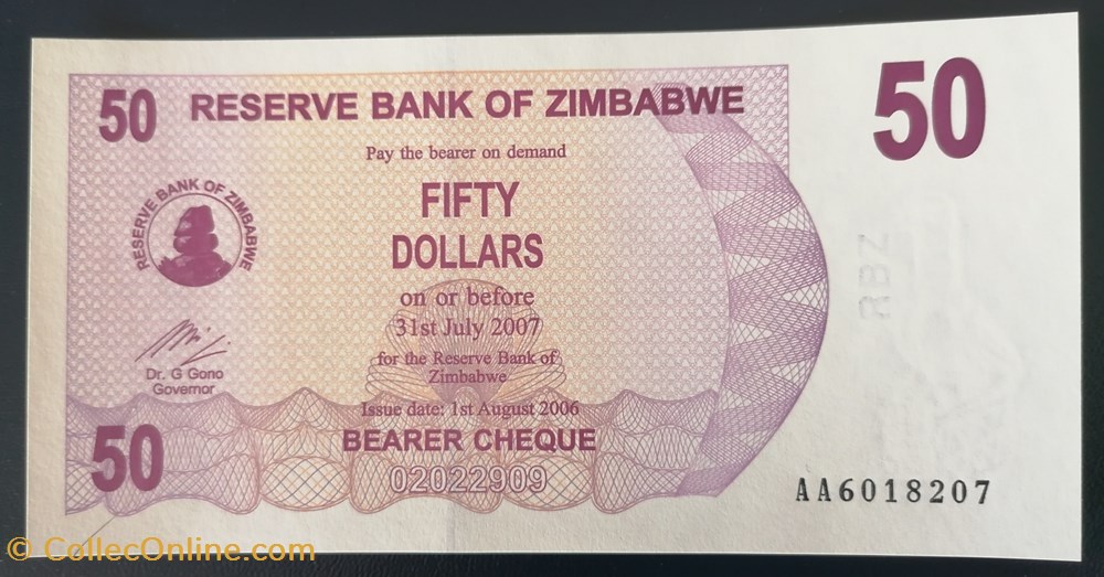 billet afrique zimbabwe p 041 50 dollars 2007