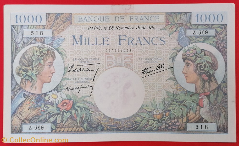 France P-096a.1 1000 francs commerce et industrie 1940 billet europe france p 096a 1 1000 francs commerce et industrie 1940