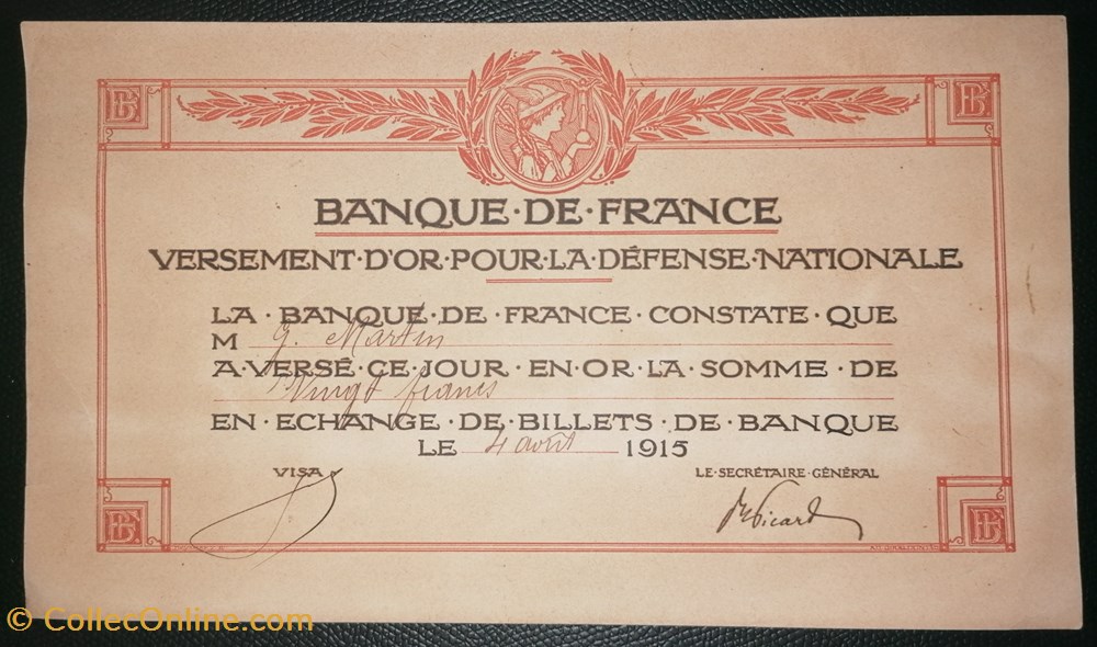 billet europe france versement or 20 francs 1915