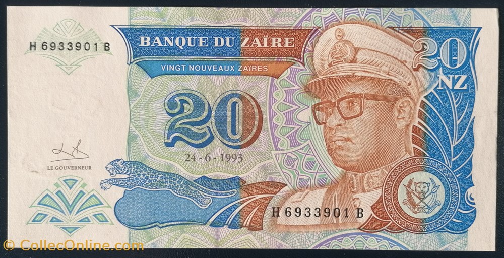 Zaïre P-056 20 nouveaux zaïres 1993 billet afrique zaire p 056 20 nouveaux zaires 1993