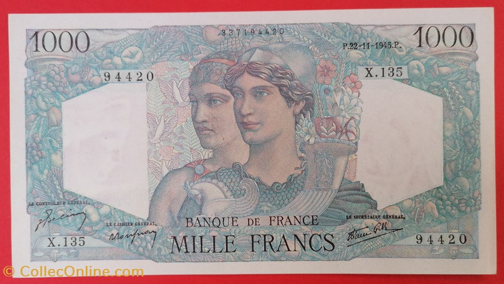 France P-130a 1000 francs Minerve et Hercule 1945 billet europe france p 130a 1000 francs minerve et hercule 1945