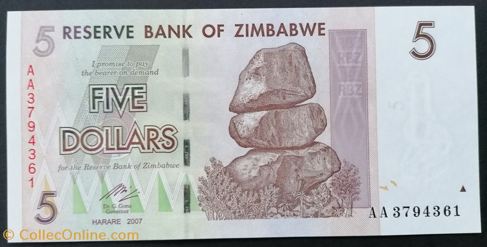 billet afrique zimbabwe p 066 5 dollars 2007