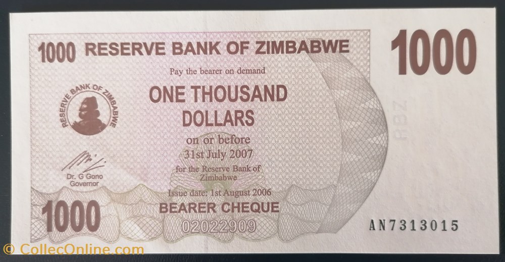 billet afrique zimbabwe p 044 1 000 dollars 2007