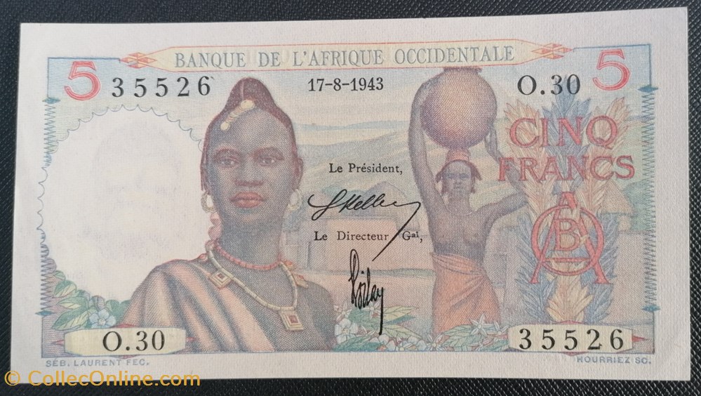 Afrique occidentale française P-036a.2 5 franc 1943 billets ouest afrique occidentale francaise p 036a 2 5 franc 1943