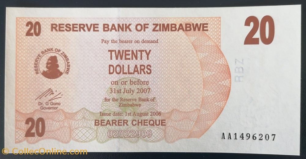 billet afrique zimbabwe p 040 20 dollars 2007