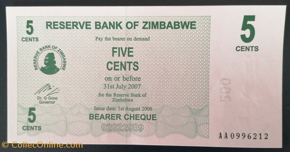 billet afrique zimbabwe p 034 5 cents 2007