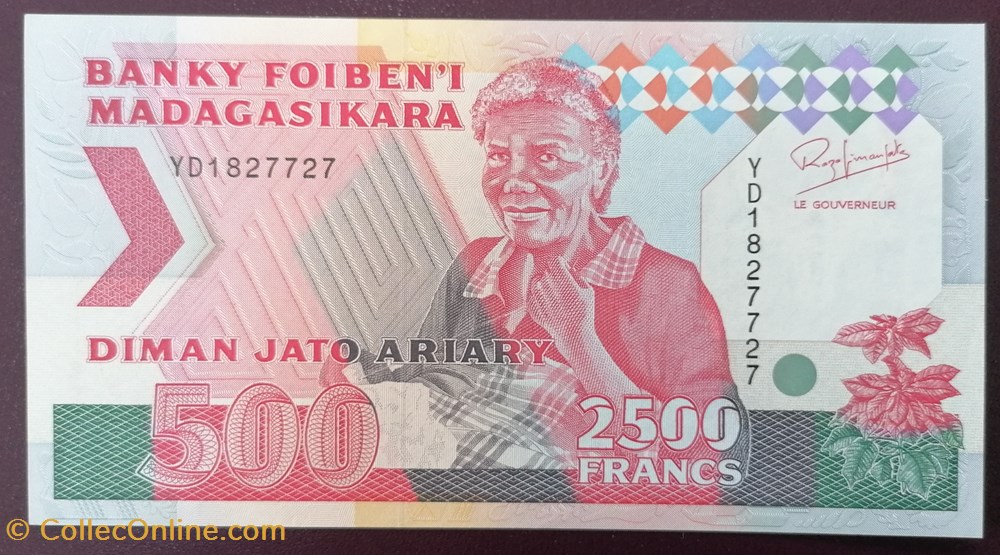 Madagascar P-072Aa 500 ariary 2500 francs 1993 billet afrique madagascar p 072aa 500 ariary 2500 francs 1993