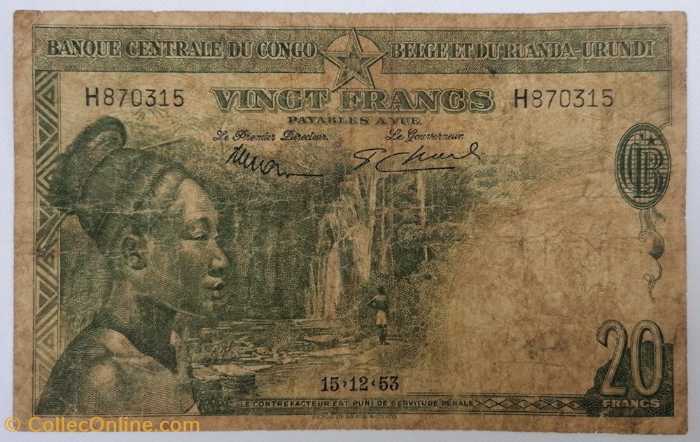 Congo Belge P-026a.1 20 francs 1953 billets afrique congo belge p 026a 1 20 francs 1953