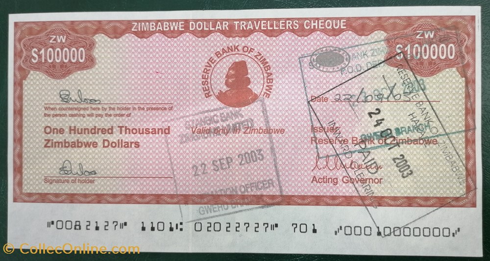 billet afrique zimbabwe p 020 100 000 dollars travellers cheque 2003