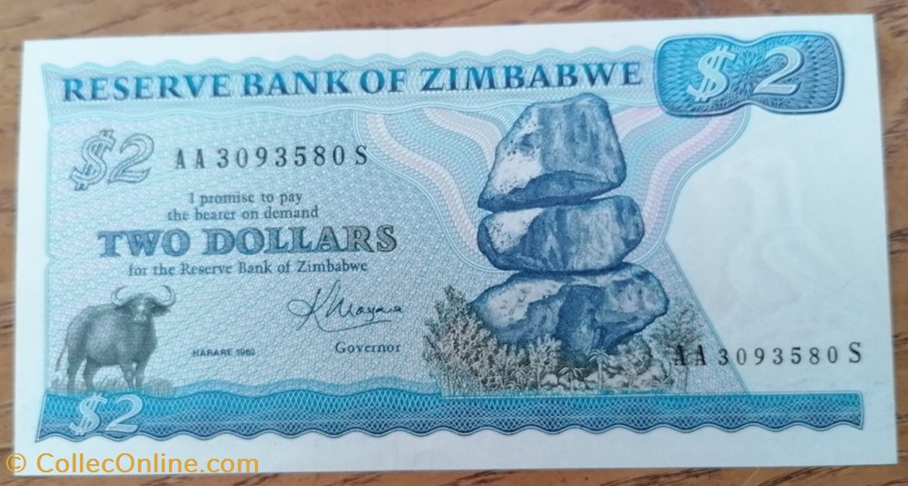 billet afrique zimbabwe p 001b 2 dollars 1983