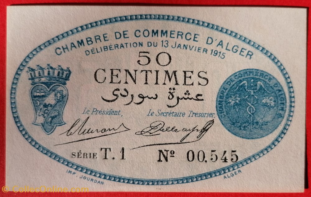 Algérie chambre de commerce d'Alger JP.137.08 50 centimes 1915 billet afrique algerie chambre de commerce alger jp 137 08 50 centimes 1915