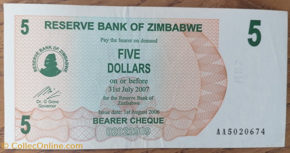 billet afrique zimbabwe p 038 5 dollars 2006