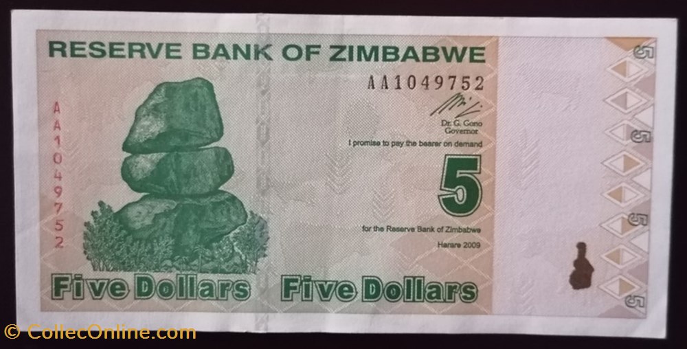 Zimbabwe P-093 5 dollars 2009 billet afrique zimbabwe p 093 5 dollars 2009