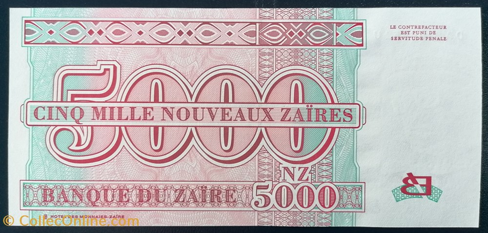 Zaïre P-069a 5 000 nouveaux zaïres 1995 billet afrique zaire p 069a 5 000 nouveaux zaires 1995