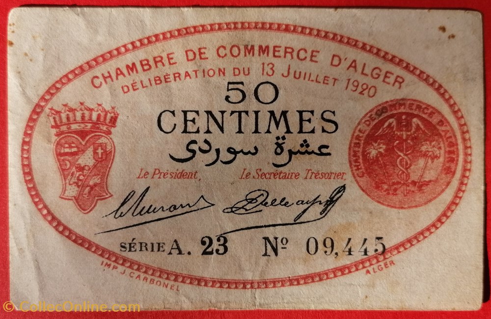 Algérie chambre de commerce d'Alger JP.137.13 50 centimes 1920 billets afrique algerie chambre de commerce alger jp 137 13 50 centimes 1920