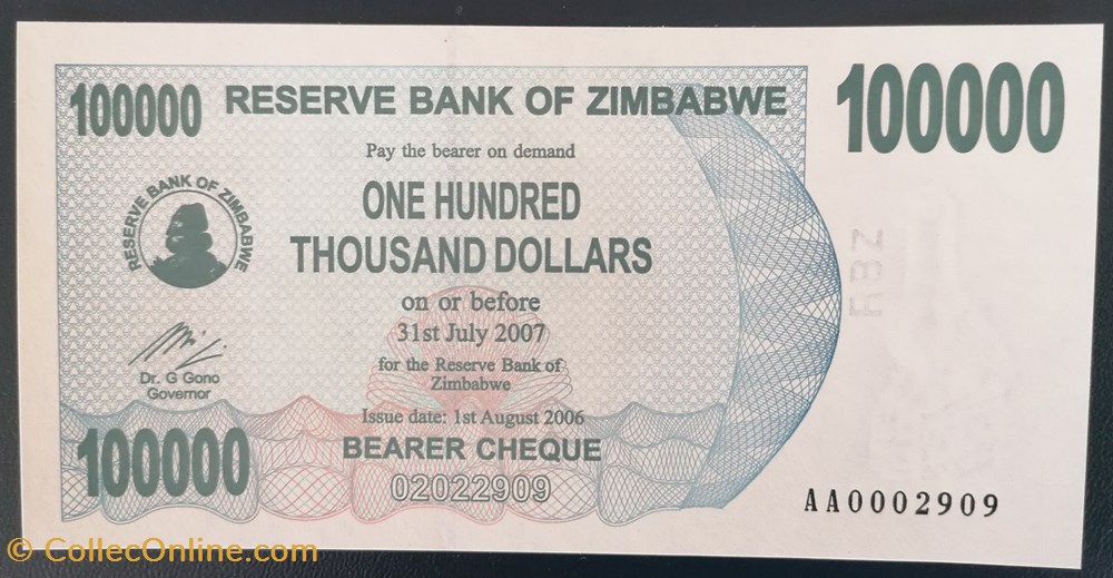 Zimbabwe P-048a 100 000 dollars 2007 billet afrique zimbabwe p 048a 100 000 dollars 2007