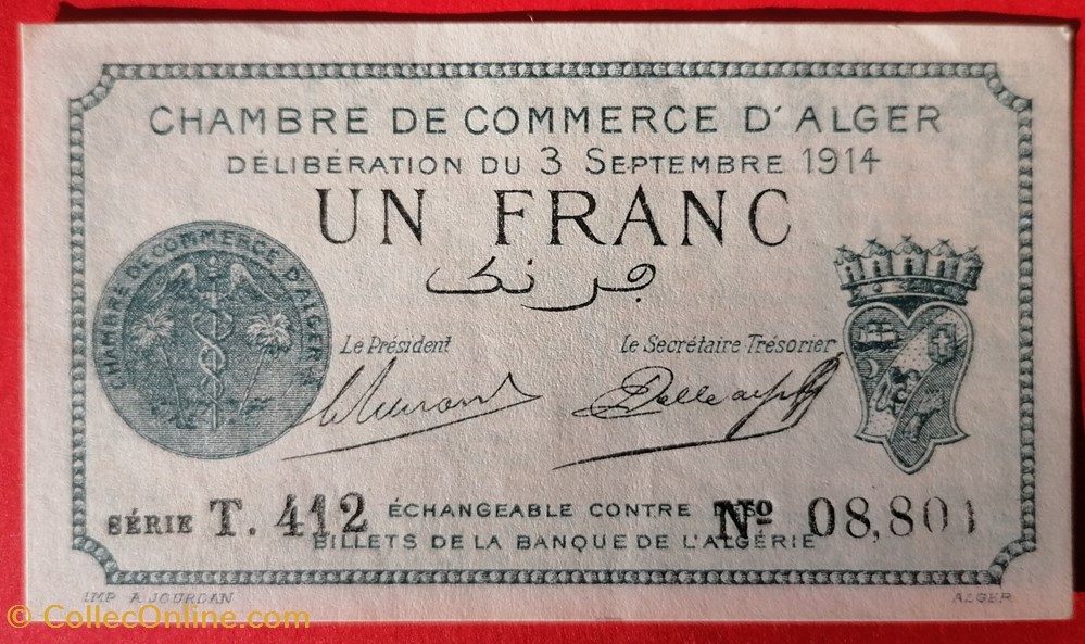 Algérie chambre de commerce d'Alger JP.137.04 1 franc 1914 billet afrique algerie chambre de commerce alger jp 137 04 1 franc 1914