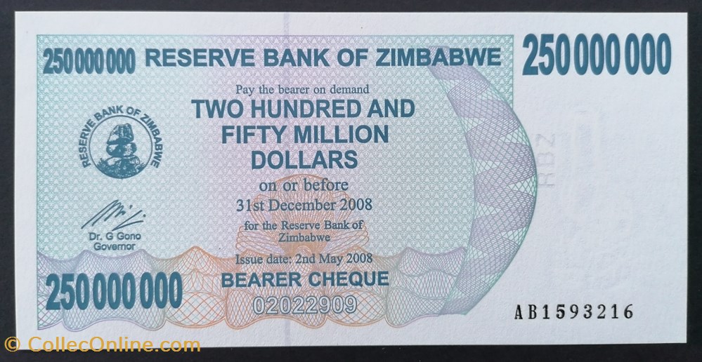billet afrique zimbabwe p 059 250 million dollars 2008