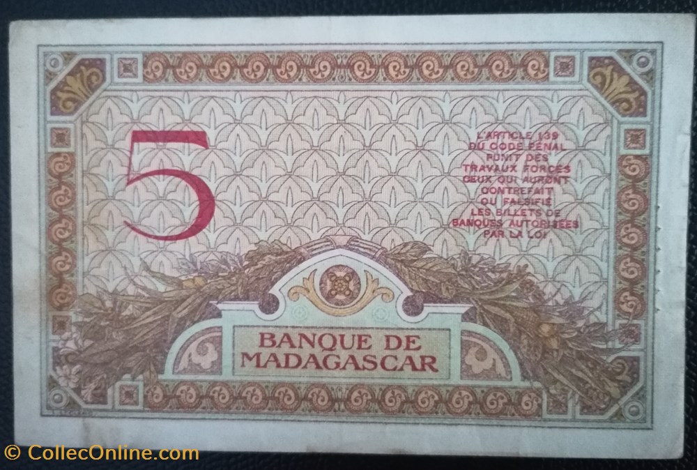 Madagascar P-035a.2 5 francs ND1937-1948 billet afrique madagascar p 035a 2 5 francs nd1937 1948