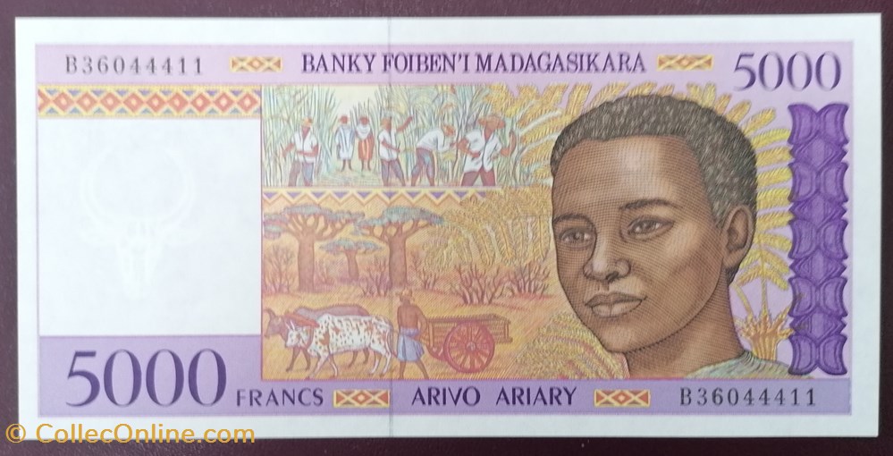 Madagascar P-078b 5 000 francs 1995 billet afrique madagascar p 078b 5 000 francs 1995