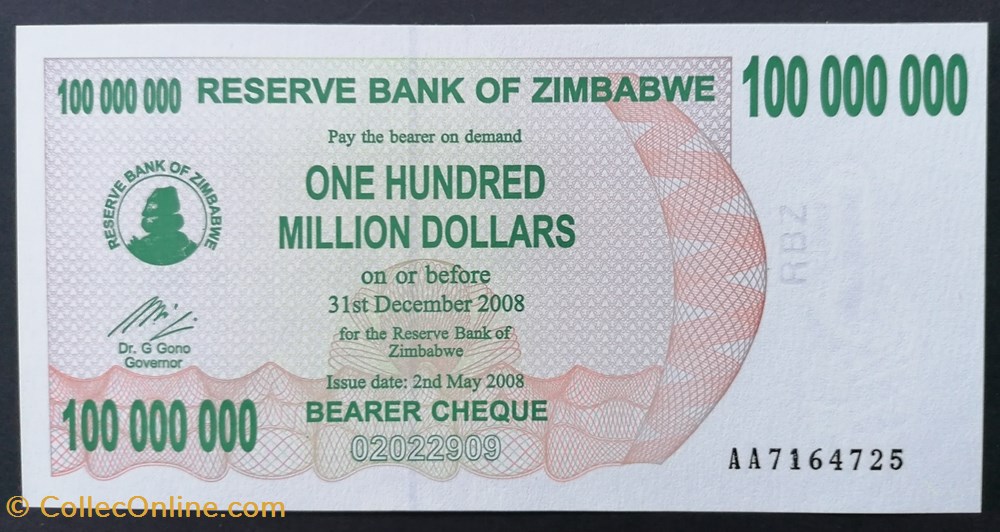 billet afrique zimbabwe p 058 100 million dollars 2008